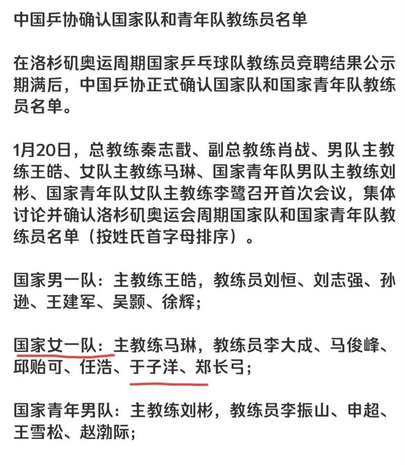 教练组名单公布！国乒破格提拔王曼昱昔日搭档于子洋！陈梦恩师将执教王楚钦？